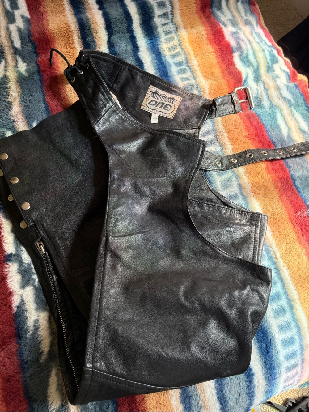 Highway One Black Leather Motorcycle Chaps - Picture 2 of 4